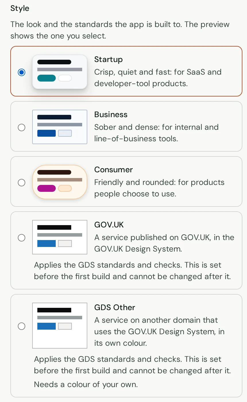 The Blueprint’s Style choice with five options: Startup, Business, Consumer, GOV.UK and GDS Other. Startup is selected. The GOV.UK and GDS Other options say they apply the GDS standards and checks.